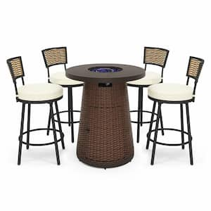 5-Piece Metal Patio Conversation Set with Brown Round Gas Bar Height Fire Pit Table, Swivel Chairs and Cushions