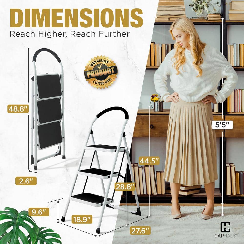 White 3-Step Folding Metal Step Stool with Hand Grip