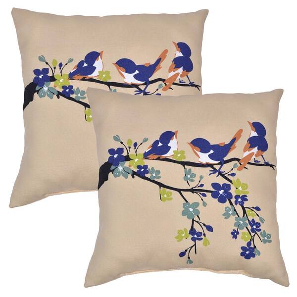 Plantation Patterns Sand Chickadees Square Outdoor Throw Pillow (2-Pack)