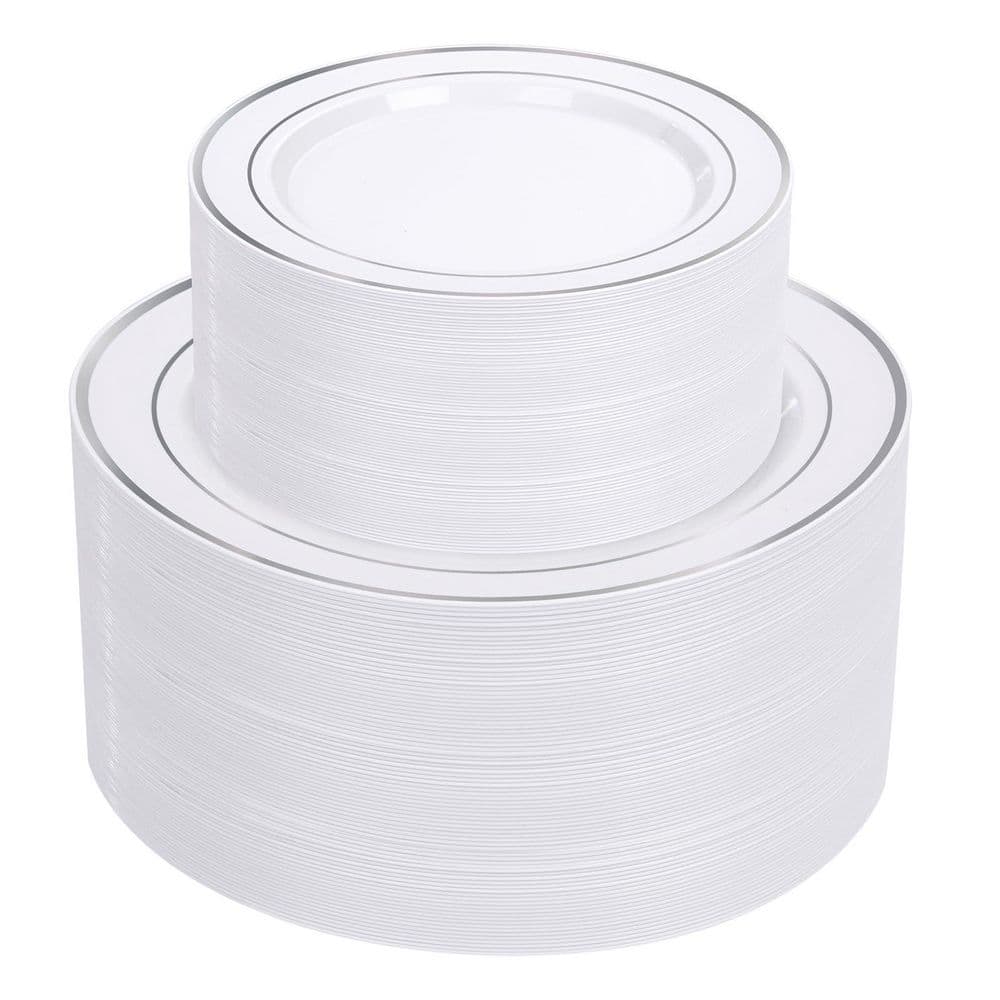 White and Silver Plastic Dinnerware Set with Silver Rim Heavy Duty 102 51 Dinner 10 in 51 Salad 7.5 in price history on PriceWatchPro