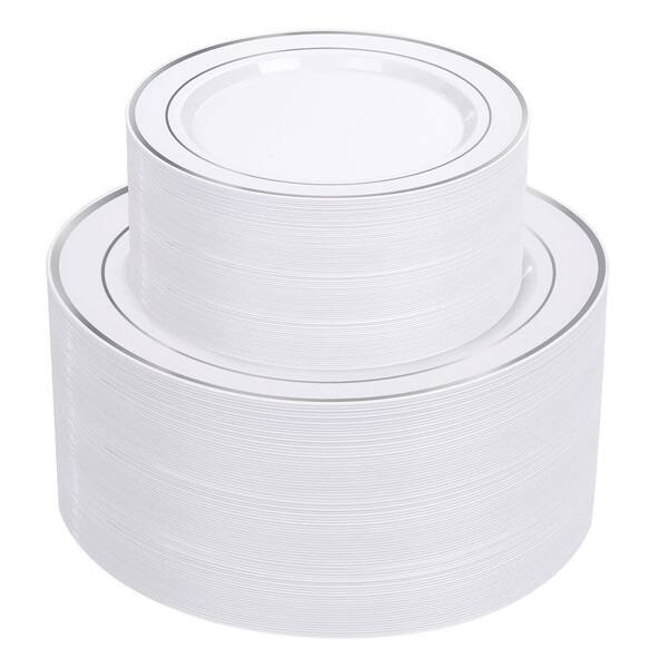 White and Silver Plastic Dinnerware Set with Silver Rim Heavy Duty 102 51 Dinner 10 in 51 Salad 7.5 in