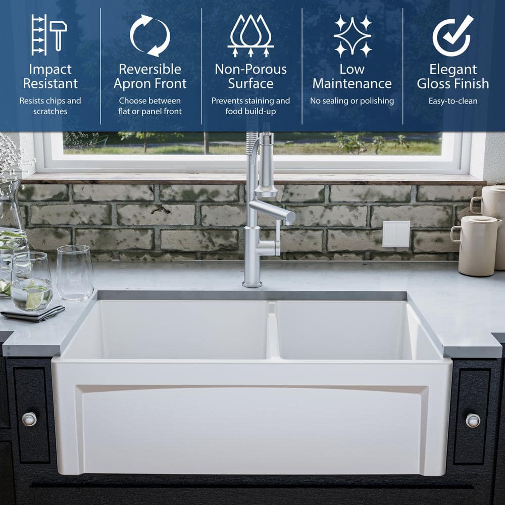 White 33" Double Bowl Fireclay Farmhouse Kitchen Sink