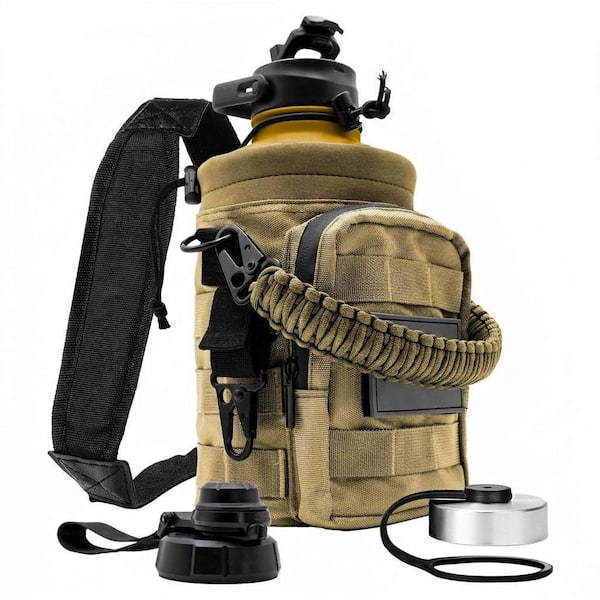 64 oz. Brown Green Tactical Water Bottle Set, Stainless Steel Insulated Water Bottle with Tactical Bottle Carrier Sleeve