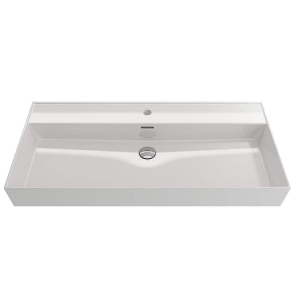BOCCHI Milano 39.75 in. 1-Hole White Fireclay Rectangular Wall-Mounted Bathroom Sink with Overflow