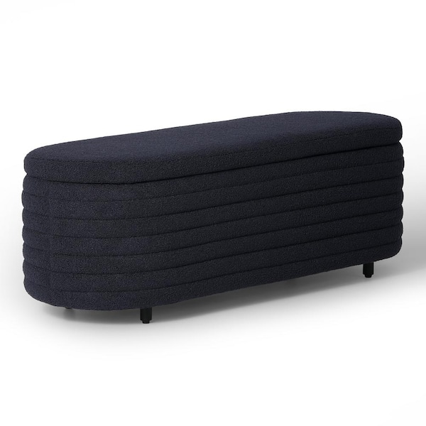 Bayville 54 in. Wide Oval Sherpa Upholstered Entryway Flip Top Storage Bedroom Accent Bench in Navy Blue