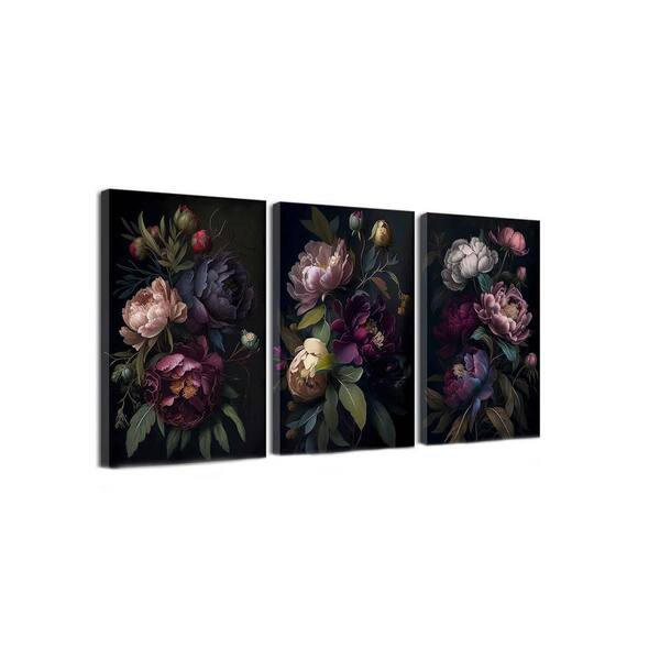 3 Pcs Moody Floral Canvas Wall Art Vintage Dark Peony Flowers Botanical Still Life Painting Picture Wall Decor 16x24in