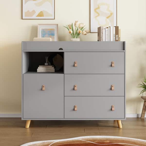 Gray 4-Drawers 44.9 in. Width Changing Table, Kids Dresser, Nursery Storage Organizer with Shelf