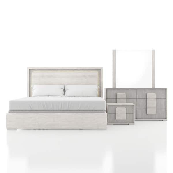 Bulevard 4-Piece Washed White Wood Queen Panel LED Bedroom Set with Nightstand and Dresser/Mirror