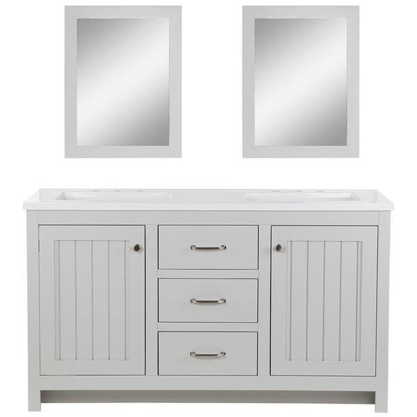 Home Decorators Collection Harrisford 61 in. W x 22 in. D x 36 in. H Double Sink Bath Vanity in Gray with White Cultured Marble Top and Mirror