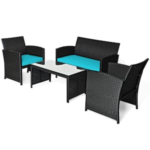 4PCS Rattan Outdoor Conversation Set Patio Furniture Set w/Turquoise Cushions