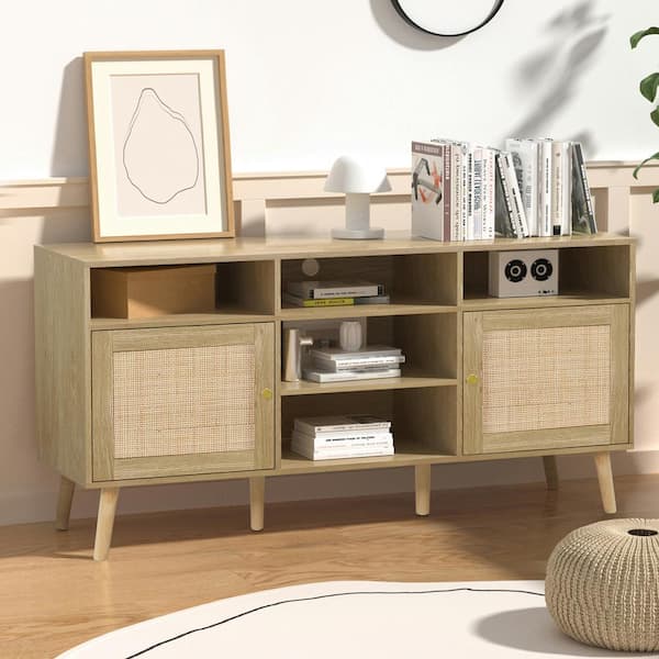 Aupodin Oak TV Stand Fits TVs up to 65 in. with 2 Rattan Doors Mid-Century TV Console Table Stand with 5 Open Shelves