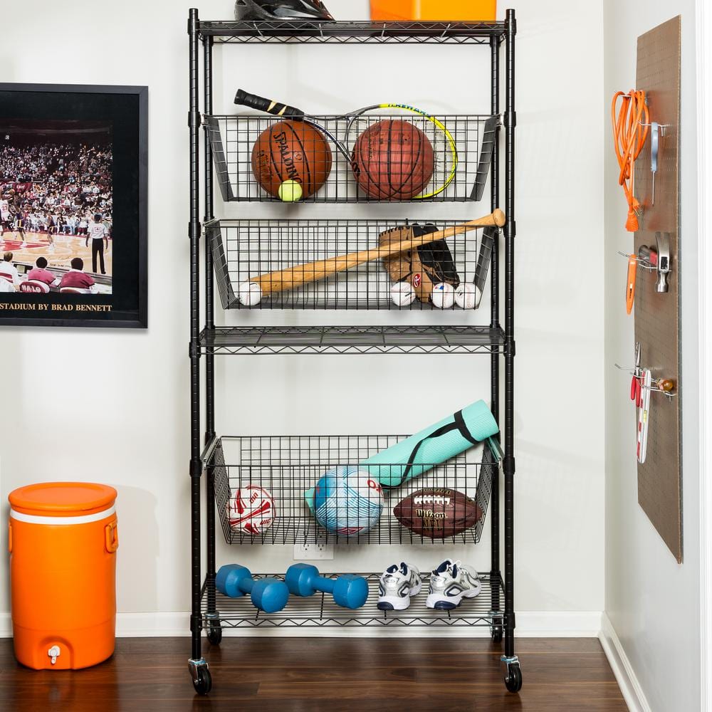 Adjustable Black 3-Shelf Heavy-Duty Storage Rack with Pull-Out Baskets