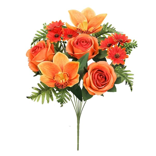 16 in. Orange Artificial Mixed Rose Cymbidium Orchid Daisy Flower Stem Bush Bouquet (Set of 2)