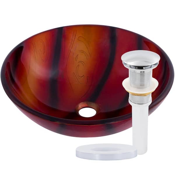 Novatto Autunno Glass Vessel Sink in Hand Painted Red with Pop-Up Drain in Chrome
