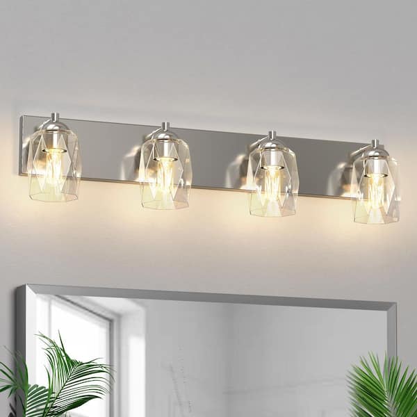 27 in. 4-Light Nickel Modern Vanity Light, Unique Cylinder Glass Shade Bathroom Mirror Wall Fixture