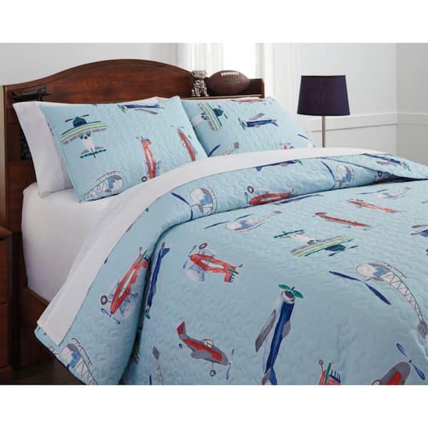 Signature Design By Ashley McAllen 3-Piece Blue Airplanes and Helicopters Pattern Polyester Full Quilt Set