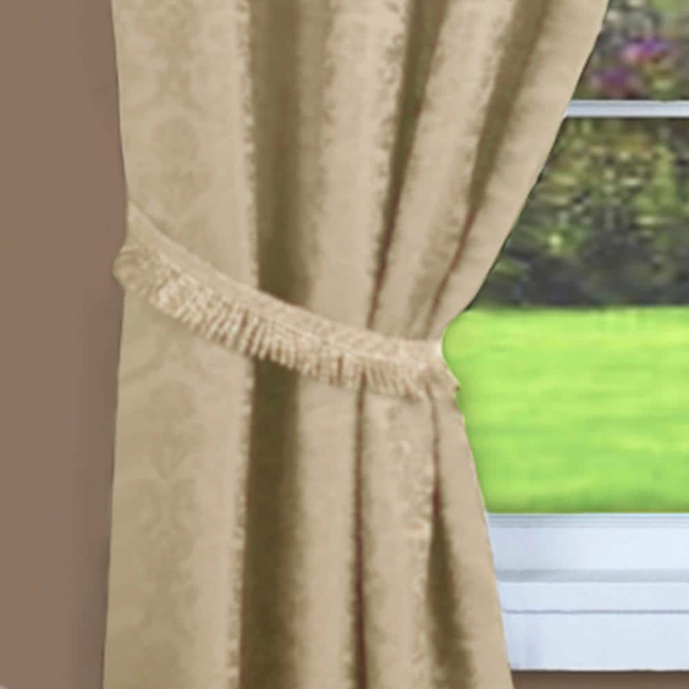 Beige Floral Jacquard Twin Curtains with Fringe Valance