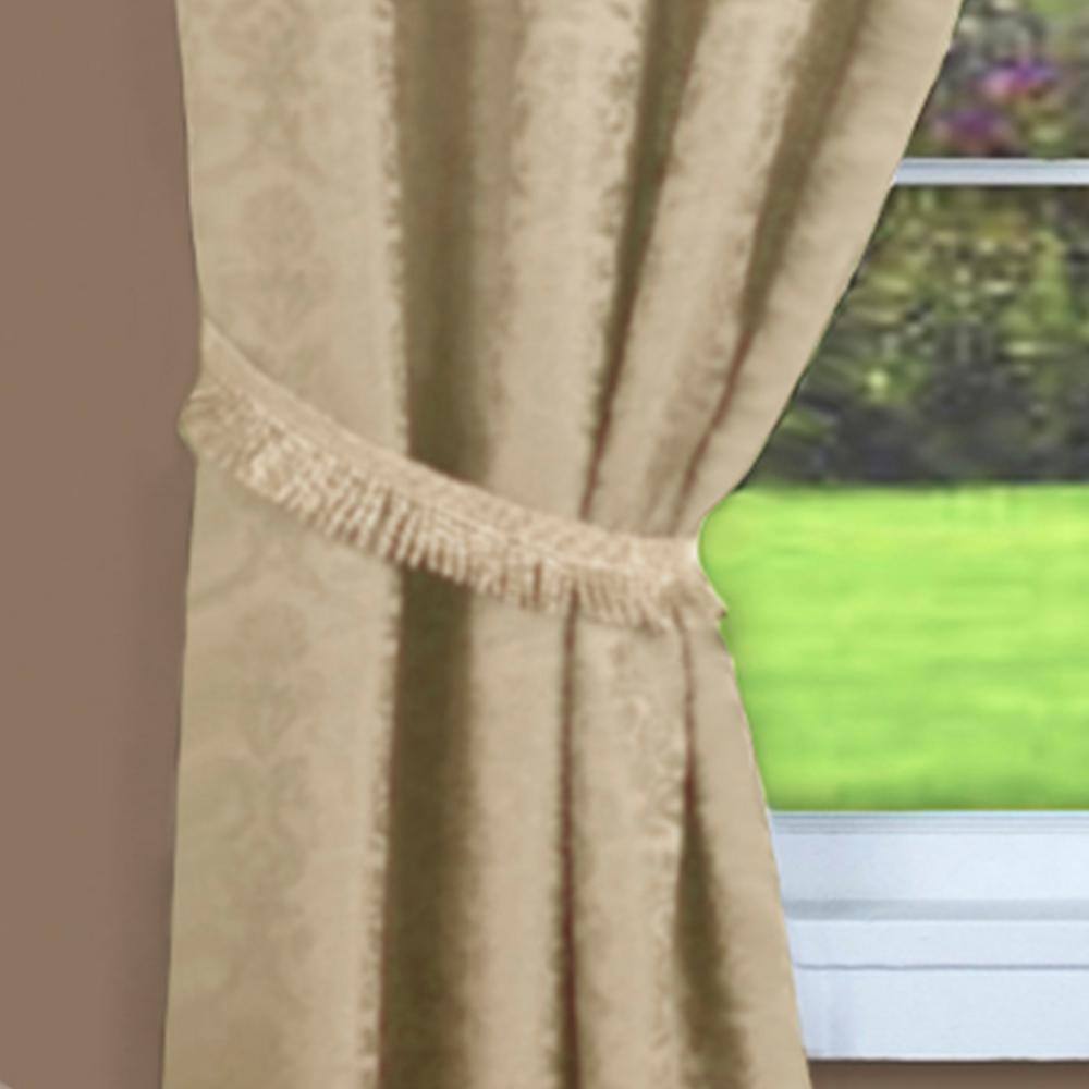 Tan Jacquard Damask Rod Pocket Curtain with Fringe, 55" x 84"
