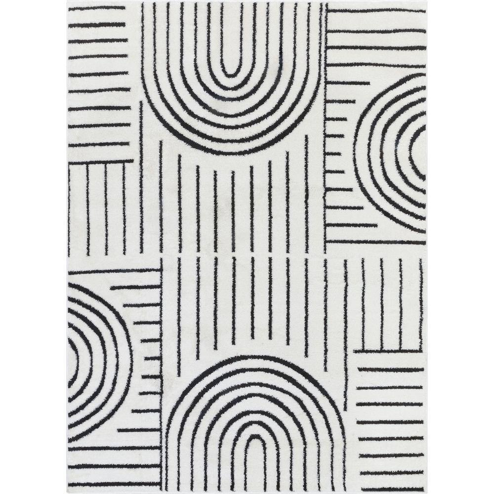 Ivory Black Geometric Shag Synthetic Area Rug 5'3" x 7'