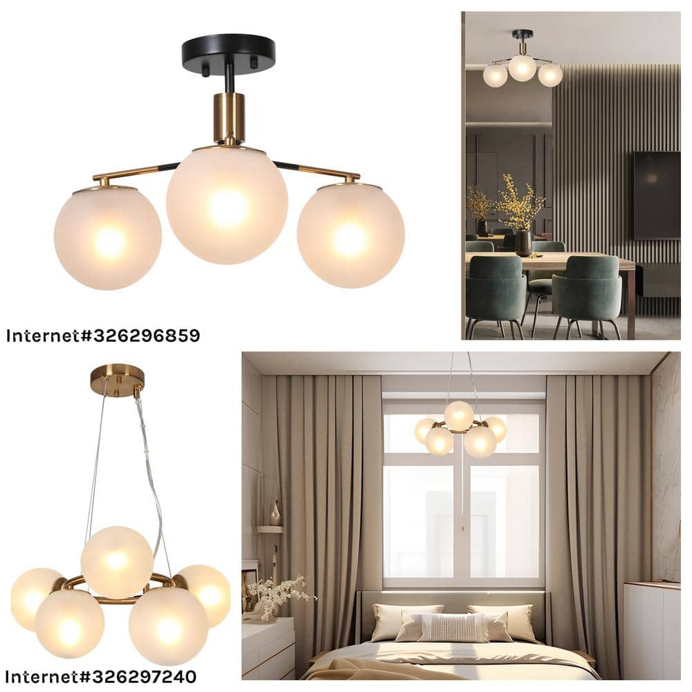 Modern 19" Matte Black and Brass Semi-Flush Mount with Frosted Glass Globes