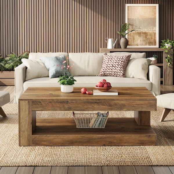 Inaayah 47.24 in. Brown Rectangle Wood Coffee Table with Storage, Farmhouse 2-Tier Center Tea Table for Living Room Home