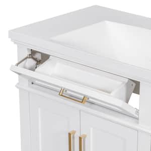 36 in. W Single Sink Freestanding Bath Vanity in White with White Solid Surface Top, 2 Soft Close Doors and 4 Drawers