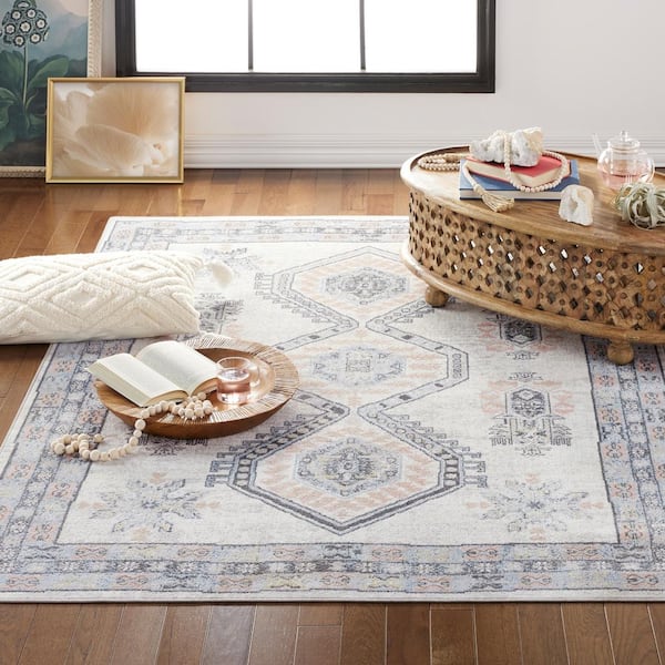 Treasure Saul Gray/Navy Blue 5 ft. x 7 ft. Border Machine Washable Area Rug