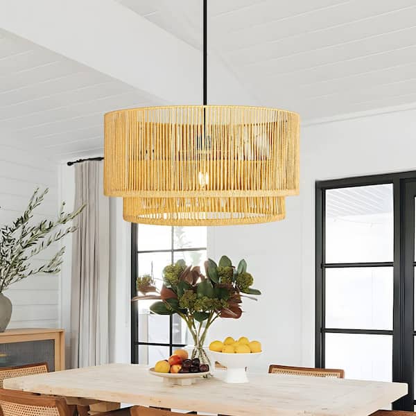 1-Light 2-Tier Black Pendant Light w/Rattan Shade Hand-Woven Ceiling Light Fixture Chandeliers