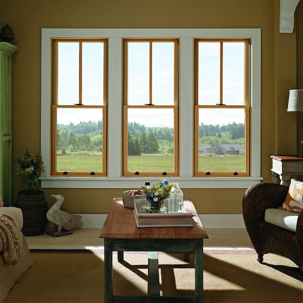 400 Series 29-5/8 in. x 52-7/8 in. Clad Wood Double-Hung Window w/Low-E Glass, White Ext/Pine Int & Stone Hardware