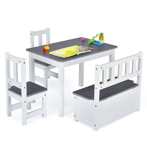 4PCS Rectangle Kids Wood Top Gray Activity Table and Chairs Set with Storage Bench Study Desk