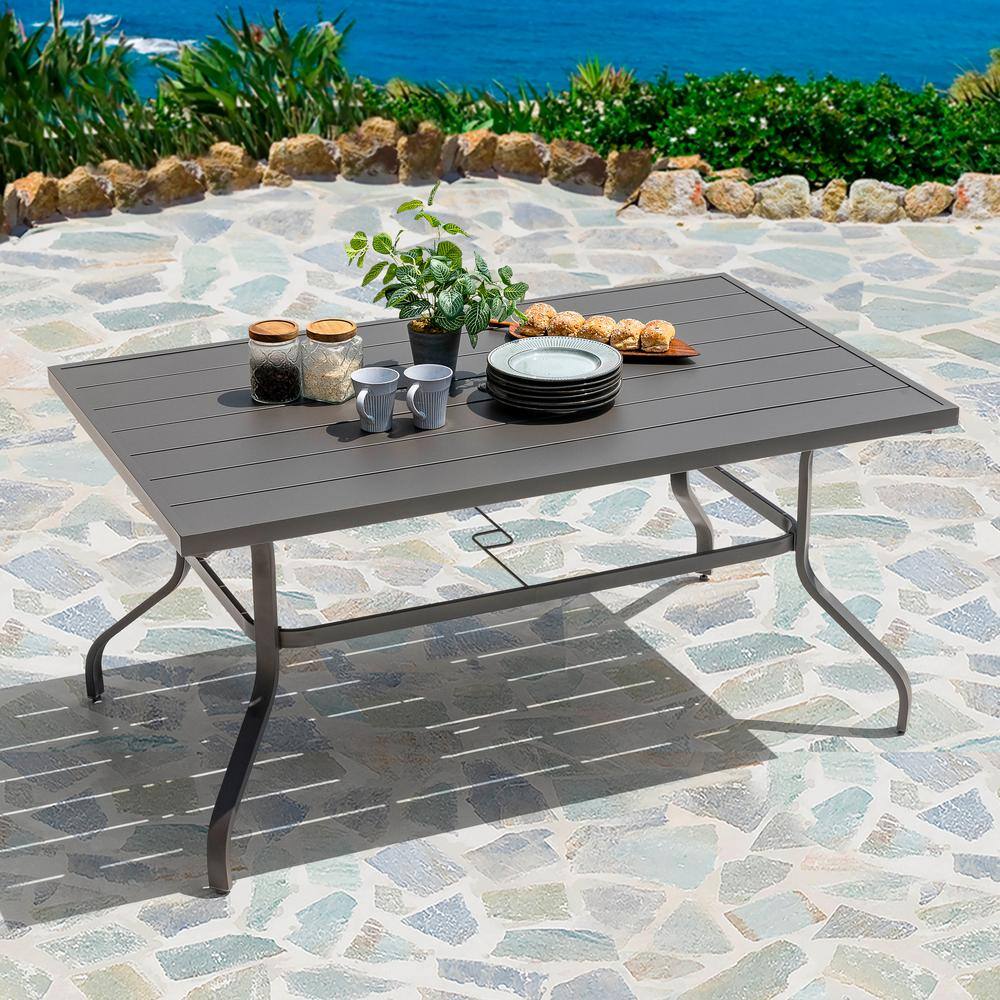 Nuu Garden 61'' Grey Iron Rectangular Patio Dining Table with Umbrella Hole