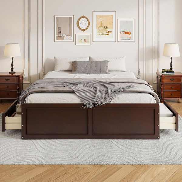 Espresso Wood Frame Queen Size Platform Bed with 6-Drawers