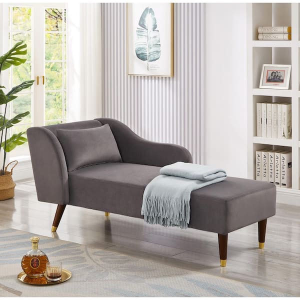 58.3 in. Gray Modern Velvet Bench, Chaise Lounge Chair with Tilted Backrest, Gold-Accent Legs and Removable Pillow