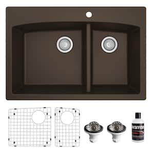 QT-711 Quartz/Granite 33 in. Double Bowl 60/40 Top Mount Drop-In Kitchen Sink in Brown with Bottom Grid and Strainer