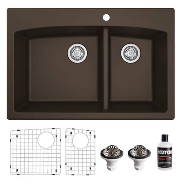 Karran QT-711 Quartz/Granite 33 in. Double Bowl 60/40 Top Mount Drop-In Kitchen Sink in Brown with Bottom Grid and Strainer