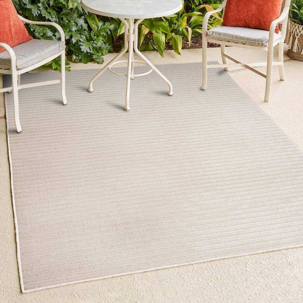 Ivory Cream Stripe Synthetic 8' x 10' Easy-Care Area Rug