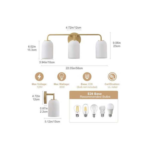 aiwen Modern 22.05 in. 3-Light Gold Bathroom Vanity Light Over