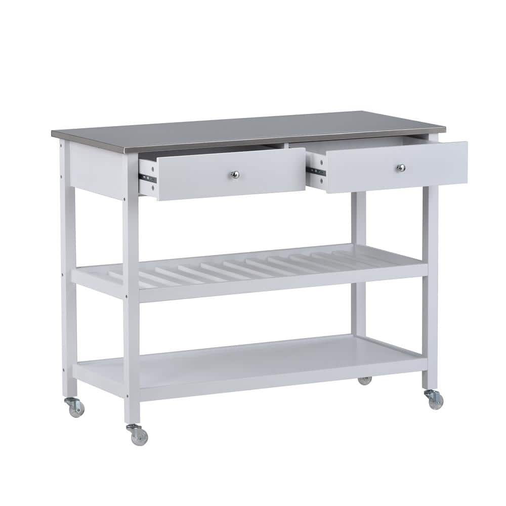 White Patio Rolling Serving Cart with Stainless Steel Top and Locking Wheel