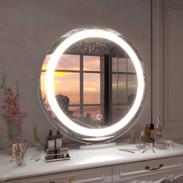 19 in. W x 19 in. H Round Framed Tabletop 3-Color-LED Touch Screen, Makeup Dimmable Lighted Mirror in White