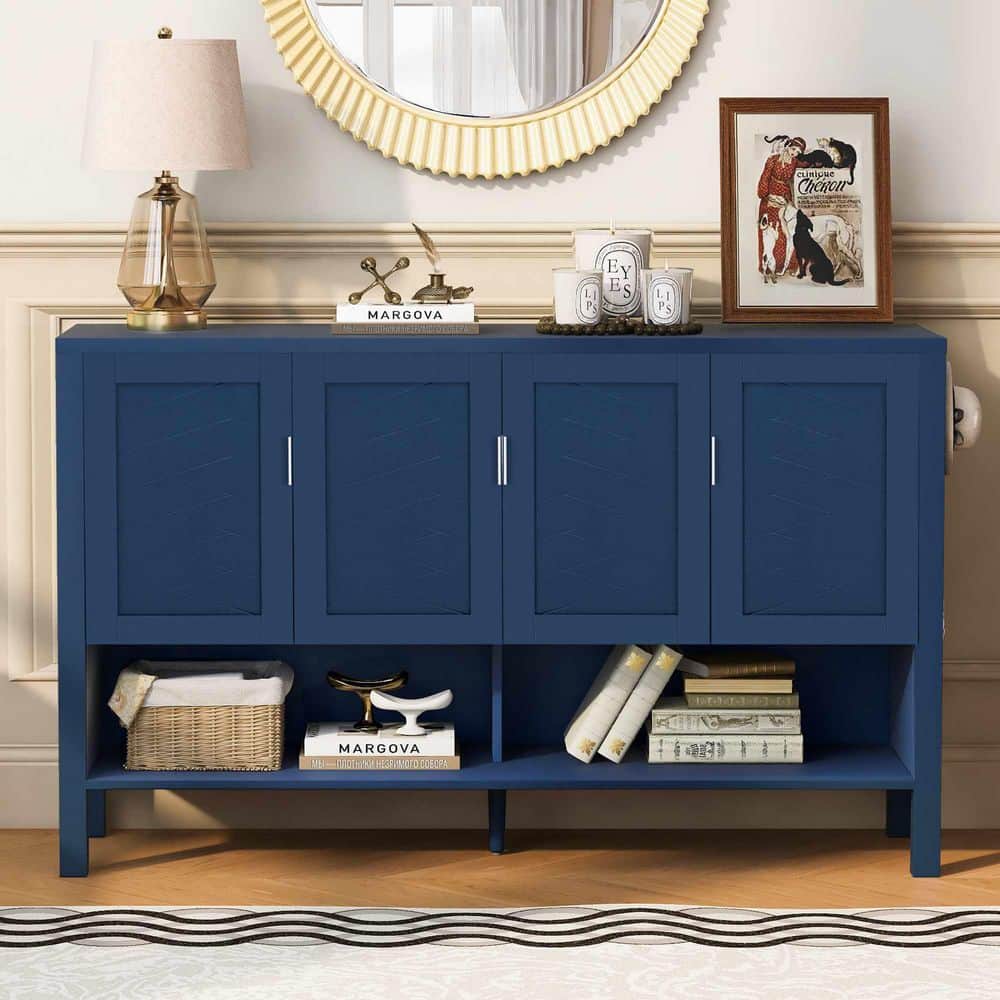 Polibi Navy Blue MDF Wood Buffet with 4-Doors, Double Hooks, Open