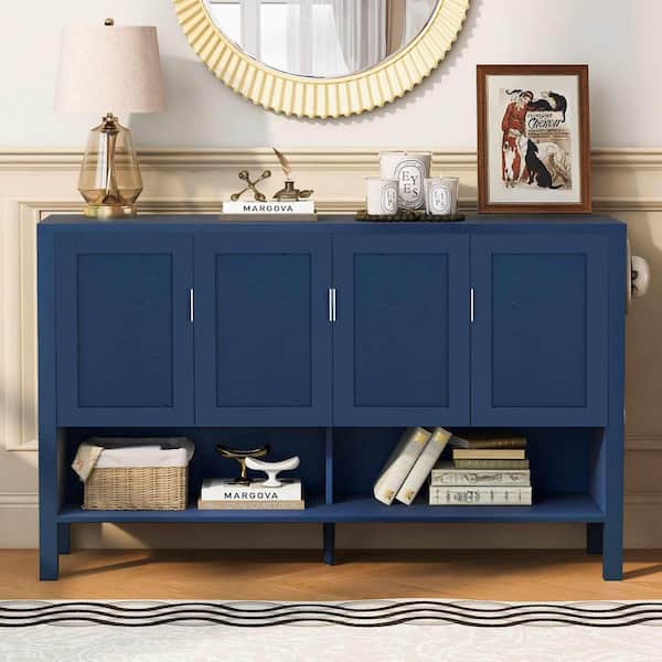 Navy Blue MDF Wood Buffet with 4-Doors, Double Hooks, Open Shelf and 2-Tiers Adjustable Shelves