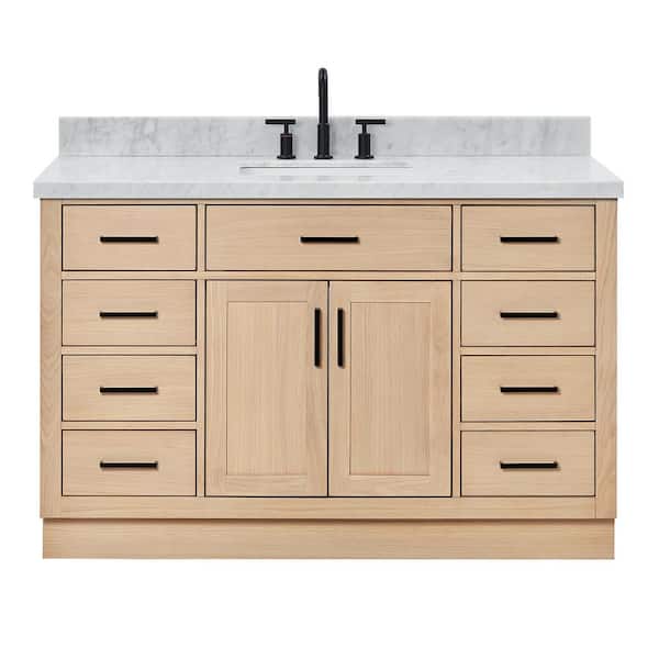 Hepburn 55 in. W x 22 in. D x 36 in. H Single Sink Bath Vanity in Oak with Italian Carrara Marble Top