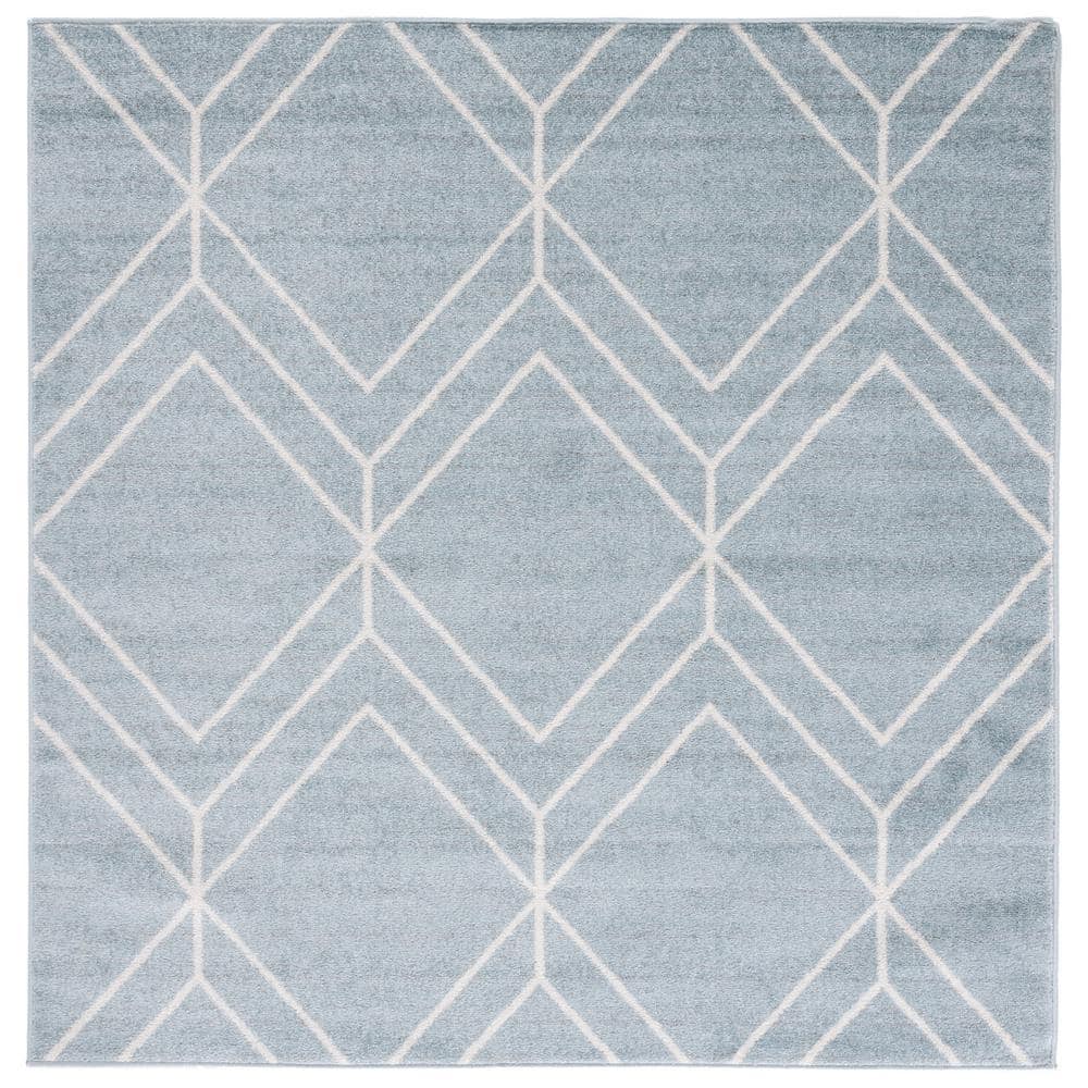 Ivory and Blue Geometric Square Synthetic Rug - 4' Hand-Knotted