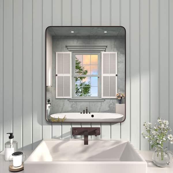 TaiMei Solvix 30 in. H x 36 in. W Rectangular Framed Tilt Wall Mount Bathroom Vanity Mirror in Brushed Gold
