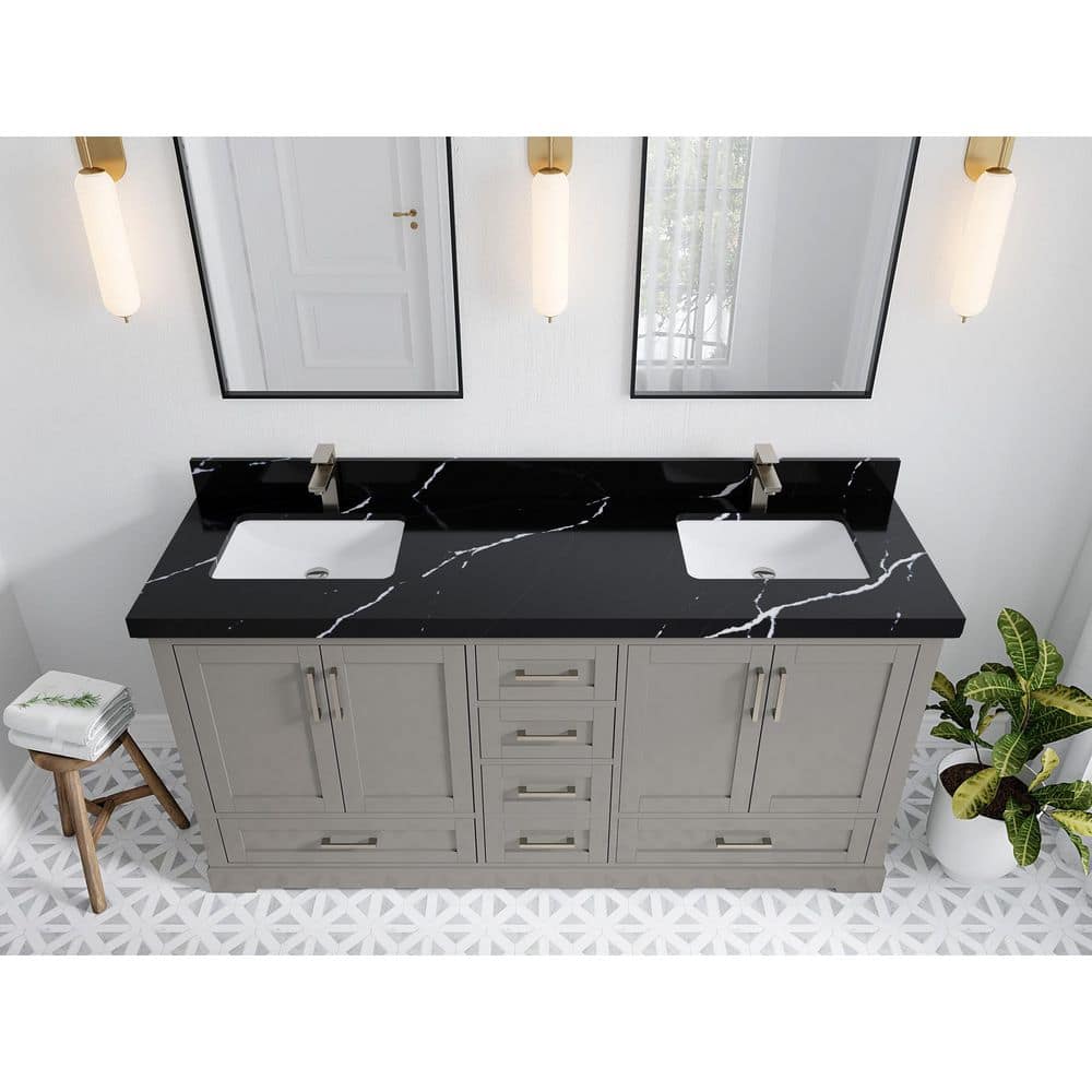 72 in Gray Double Sink Bathroom Vanity with Black Quartz Top