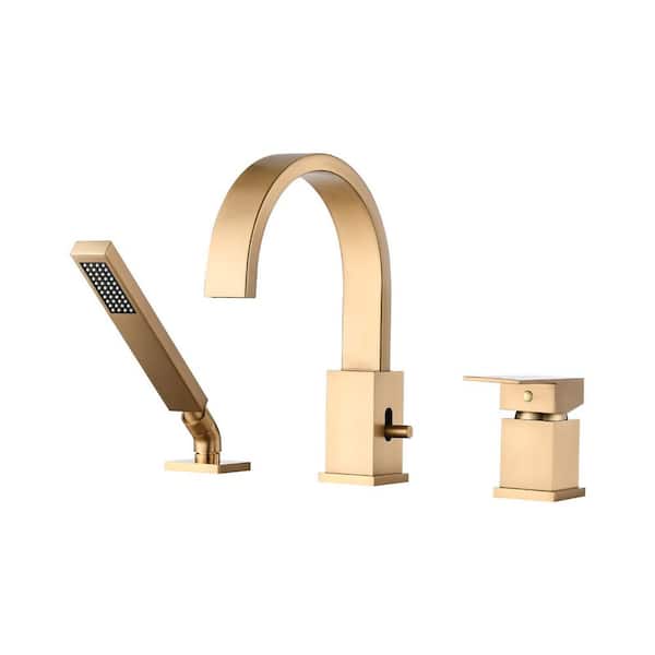 Single-Handle Deck-Mount Roman Tub Faucet with Hand Shower in Brushed Gold