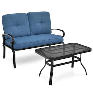 2-Piece Metal Patio Furniture Set Loveseat Bench Table with Blue Cushions