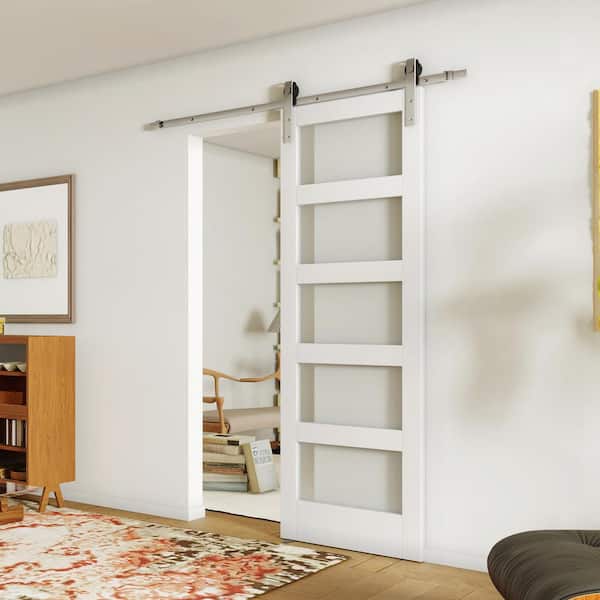 30 in. x 84 in. White, Finished, MDF, Frosted Glass, 5 Glass Panel Barn Door Slab with Brushed Nickel Hardware Kit