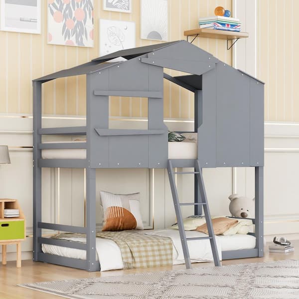 GODEER Gray Twin Over Twin House Bunk Bed with Ladder, Wood Bed