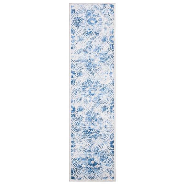 Martha Stewart 2 ft. x 12 ft. Cream/Blue Quatrefoil Runner Rug
